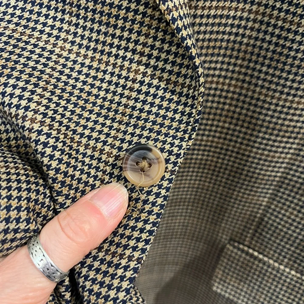 Alan Flusser Worsted Wool Houndstooth Blazer Jacket Sz 46R Tan/ Brown Academia